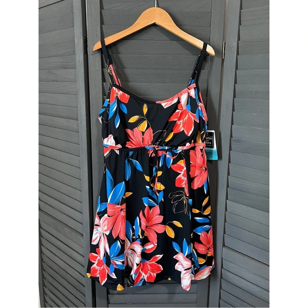 Swim Solutions Black Floral Print Empire Dress Size 12 - Picture 3 of 8